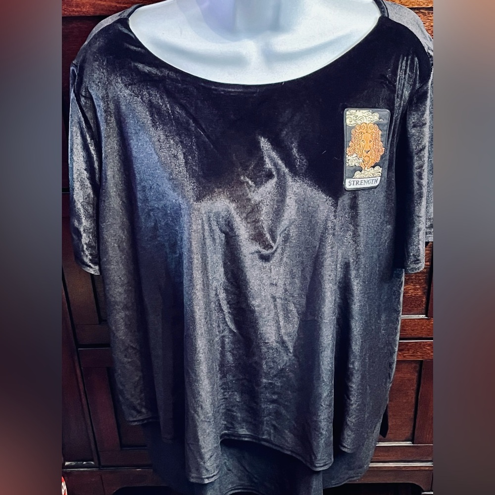Upcycled NWT Black Velvet Shirt with Ruffle Bottom and Lion Strength Patch 1X